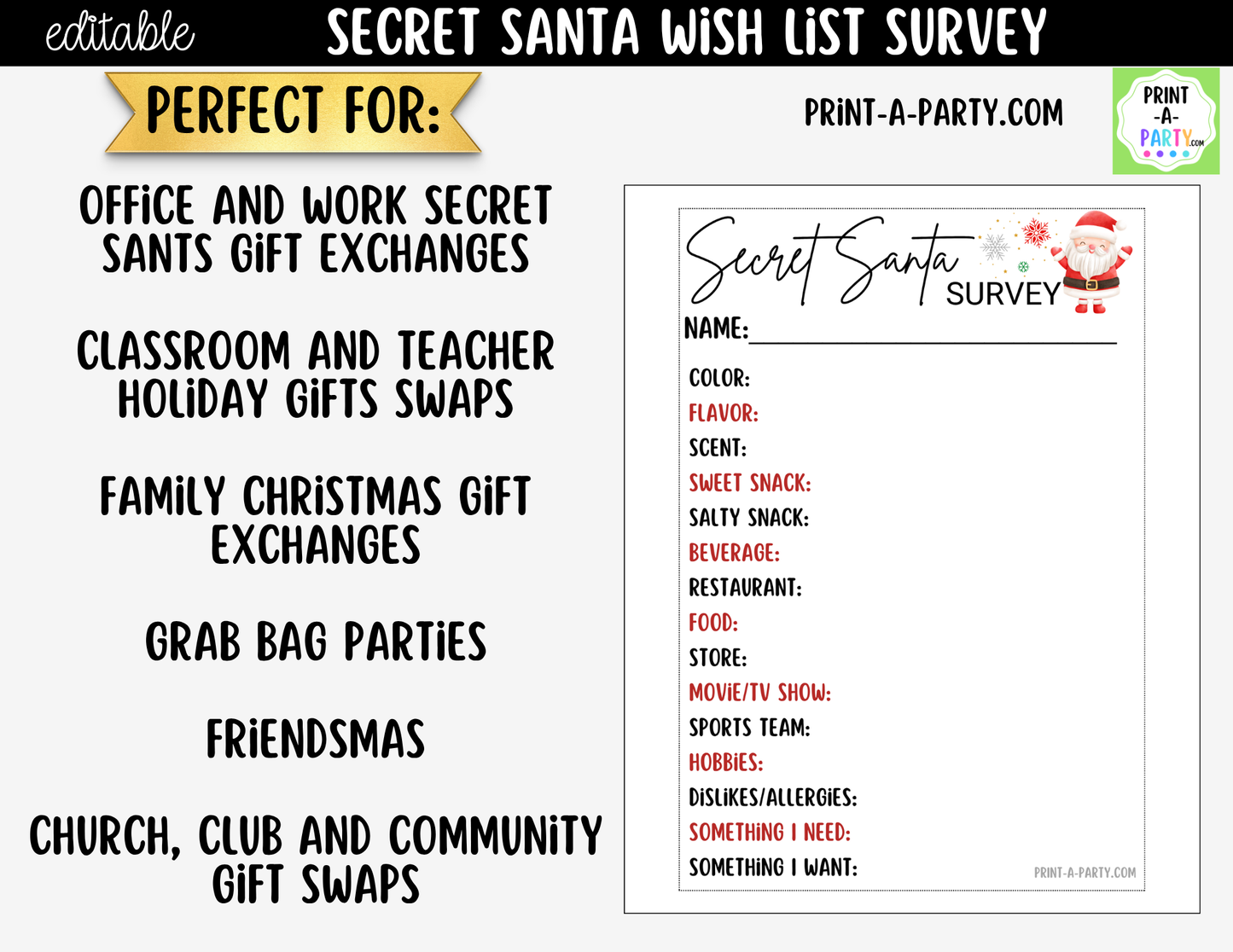 Secret Santa Wish List Printable | Holiday Gift Exchange Survey Cards