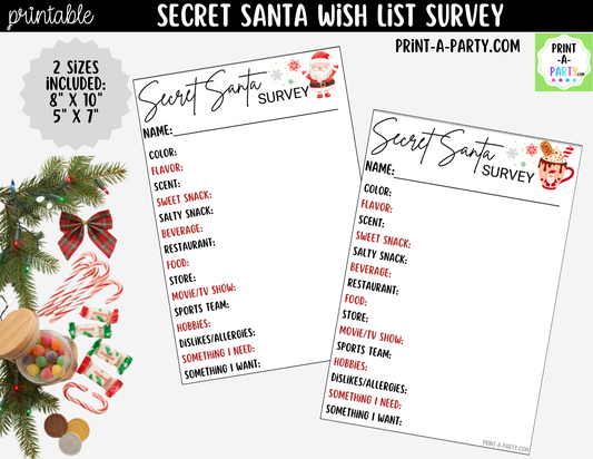 Secret Santa Wish List Printable | Holiday Gift Exchange Survey Cards