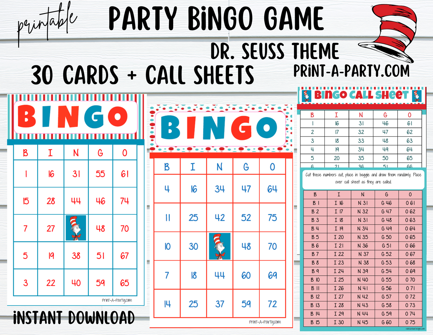 BINGO: Dr. Seuss | Classrooms | Parties | Birthday | 30, 40, or 50 cards - INSTANT DOWNLOAD