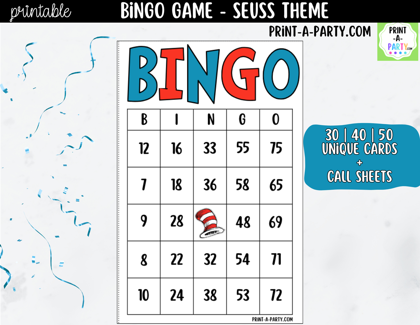 Dr. Seuss Bingo Printable Game - for Classroom, Birthday, or Family Activity