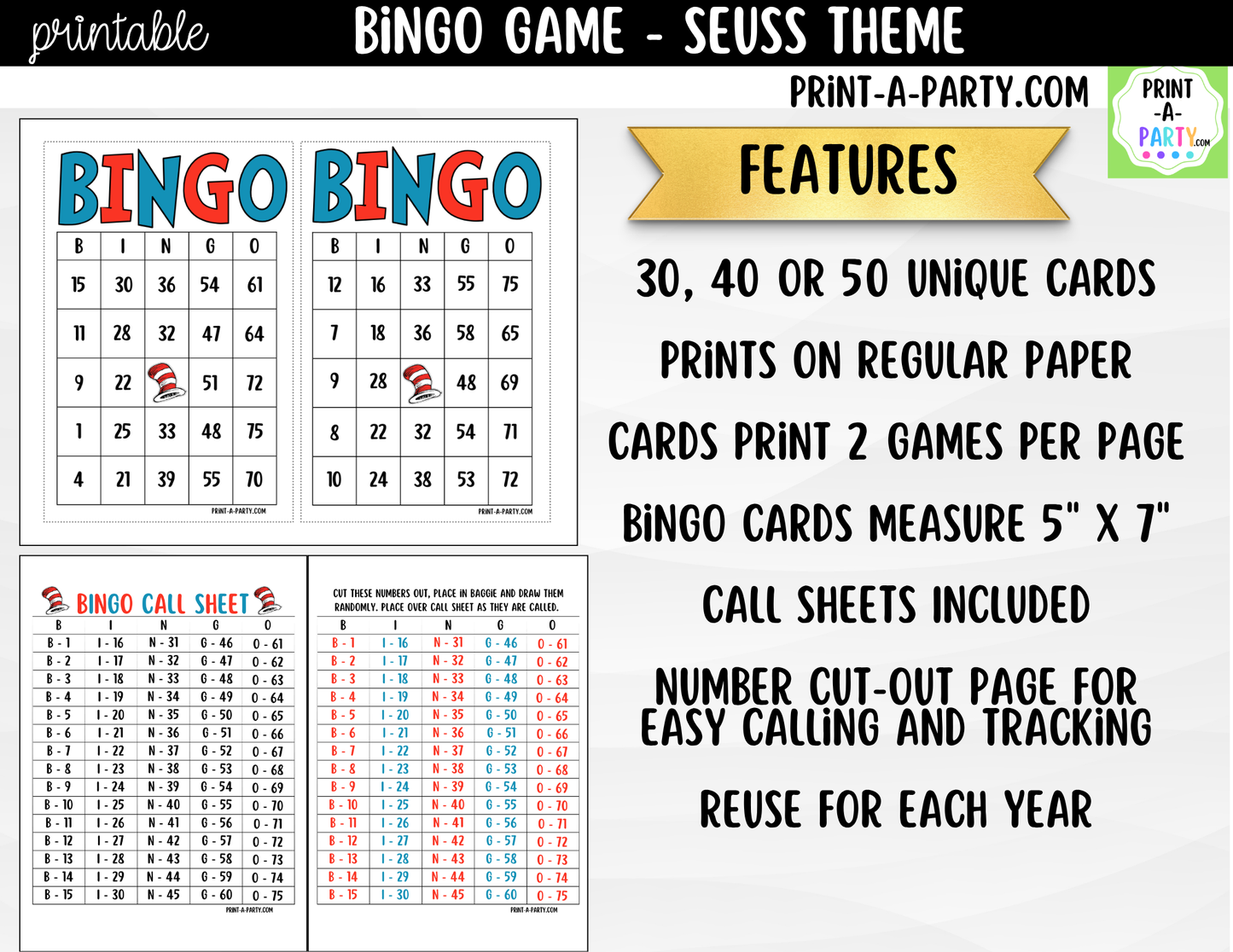 Dr. Seuss Bingo Printable Game - for Classroom, Birthday, or Family Activity