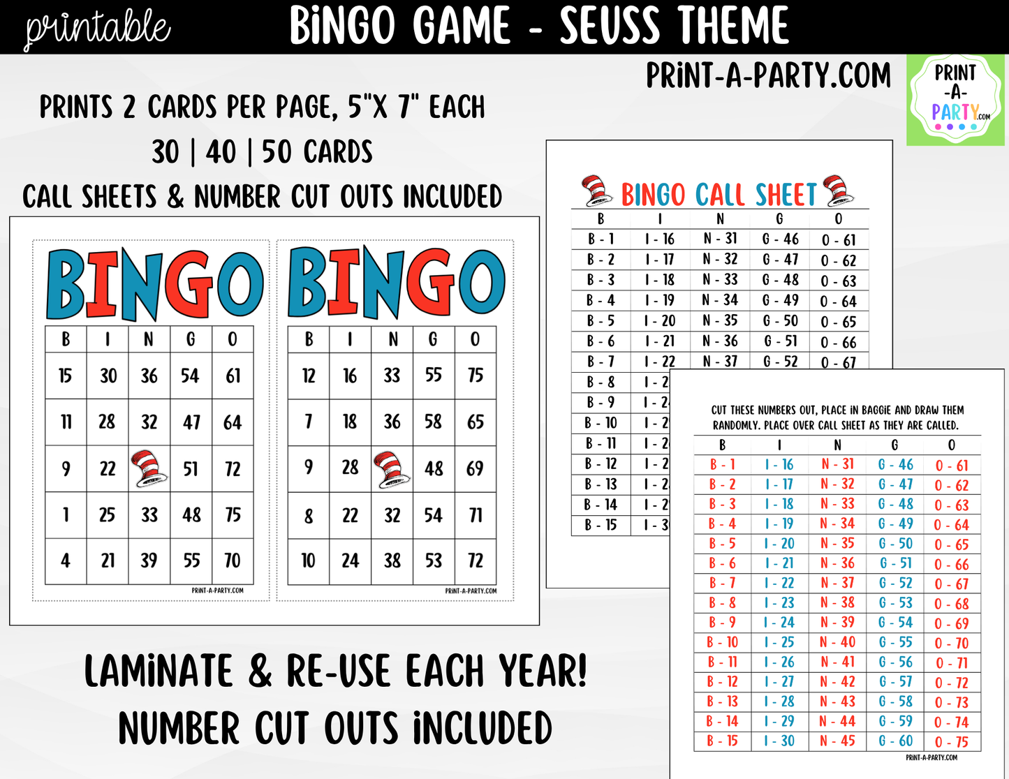 Dr. Seuss Bingo Printable Game - for Classroom, Birthday, or Family Activity