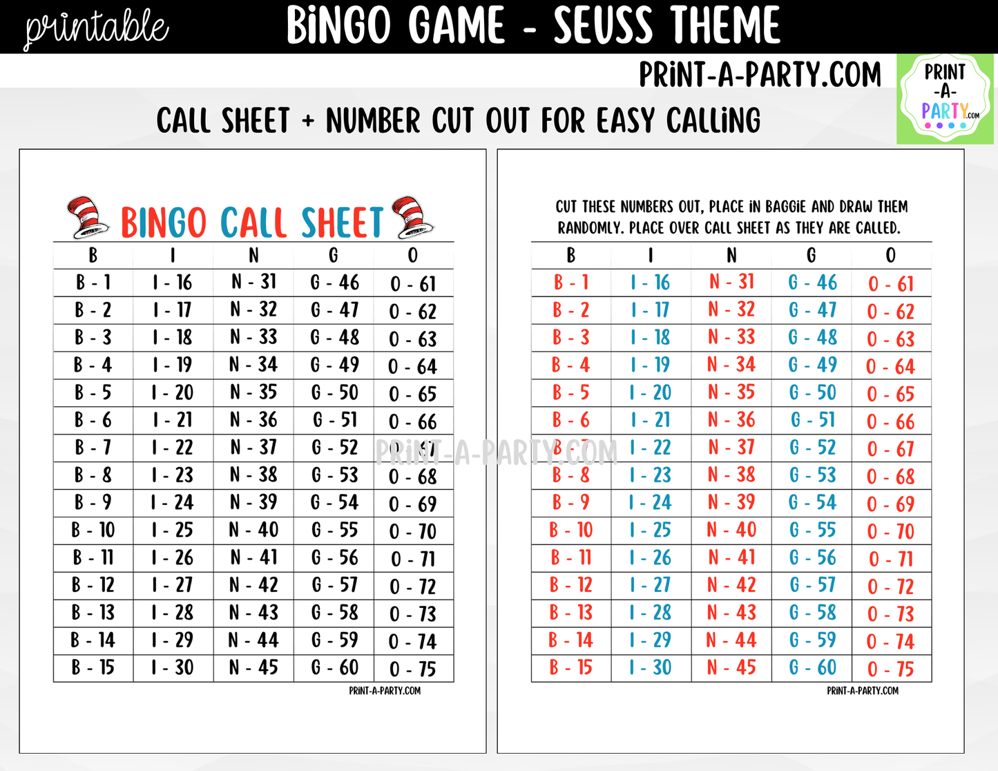 Dr. Seuss Bingo Printable Game - for Classroom, Birthday, or Family Activity