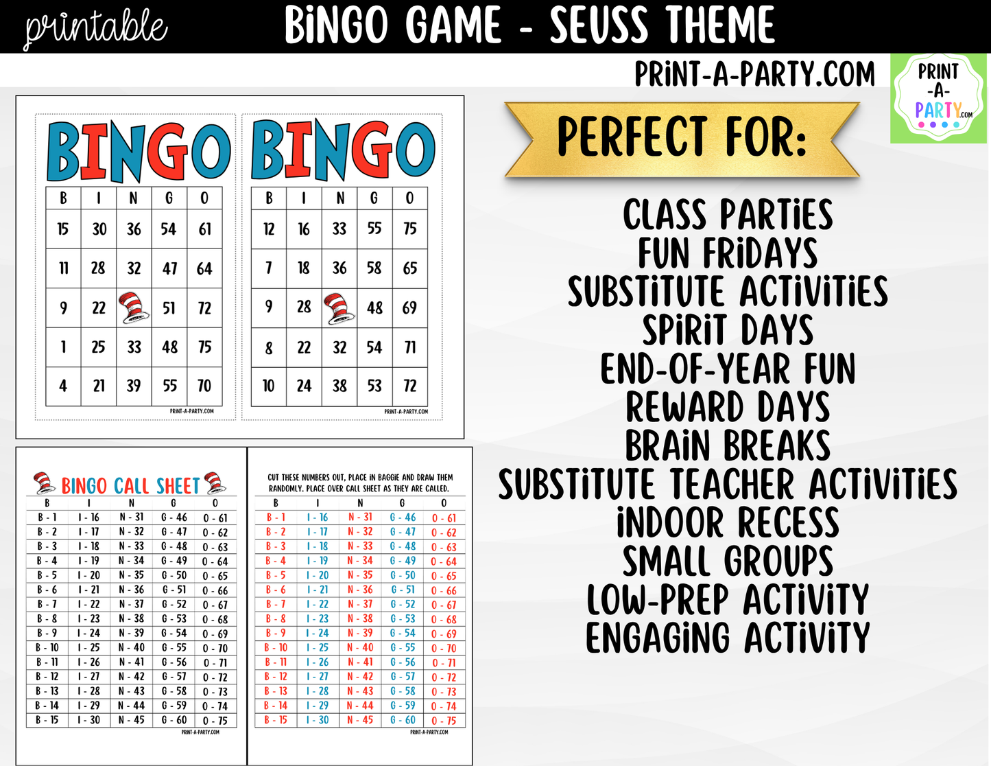 Dr. Seuss Bingo Printable Game - for Classroom, Birthday, or Family Activity