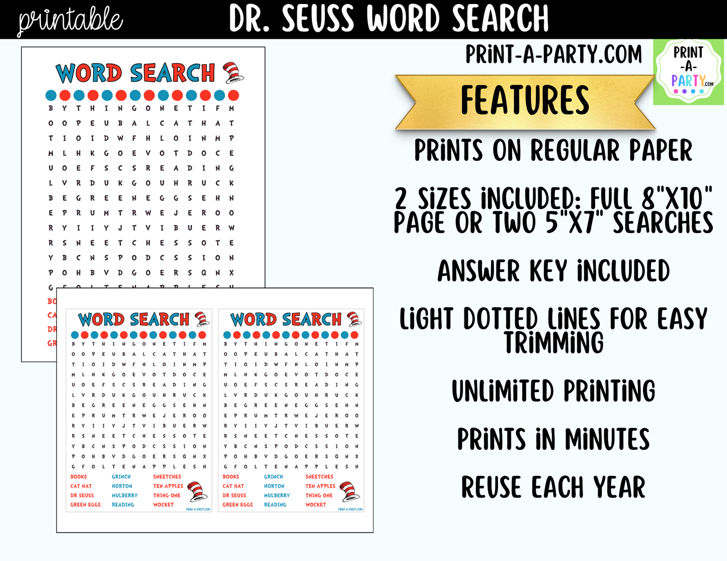 Dr. Seuss Word Search Printable | Classroom Activity for Dr. Seuss Day