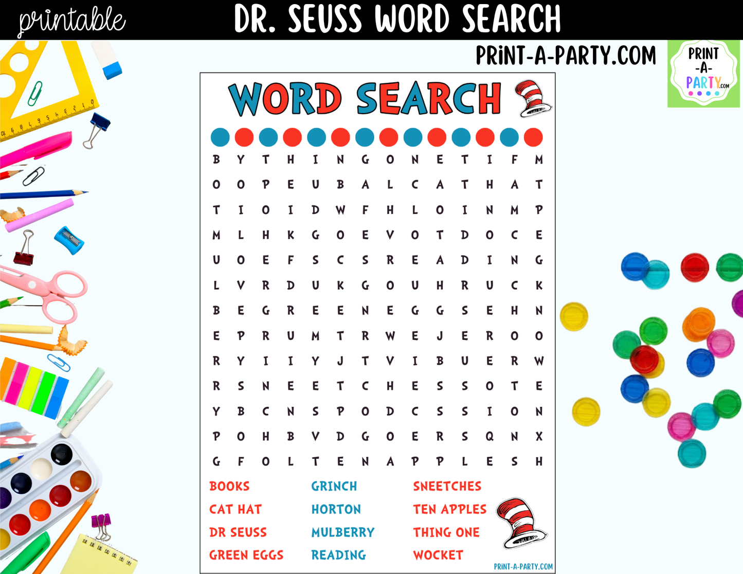 Dr. Seuss Word Search Printable | Classroom Activity for Dr. Seuss Day