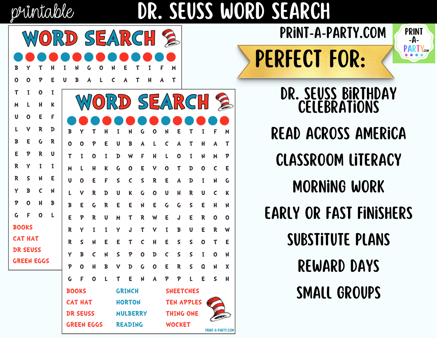 Dr. Seuss Word Search Printable | Classroom Activity for Dr. Seuss Day