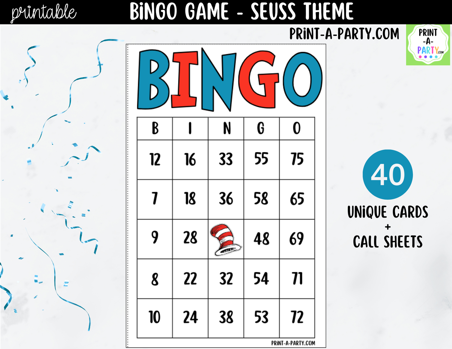 Dr. Seuss Bingo Printable Game - for Classroom, Birthday, or Family Activity