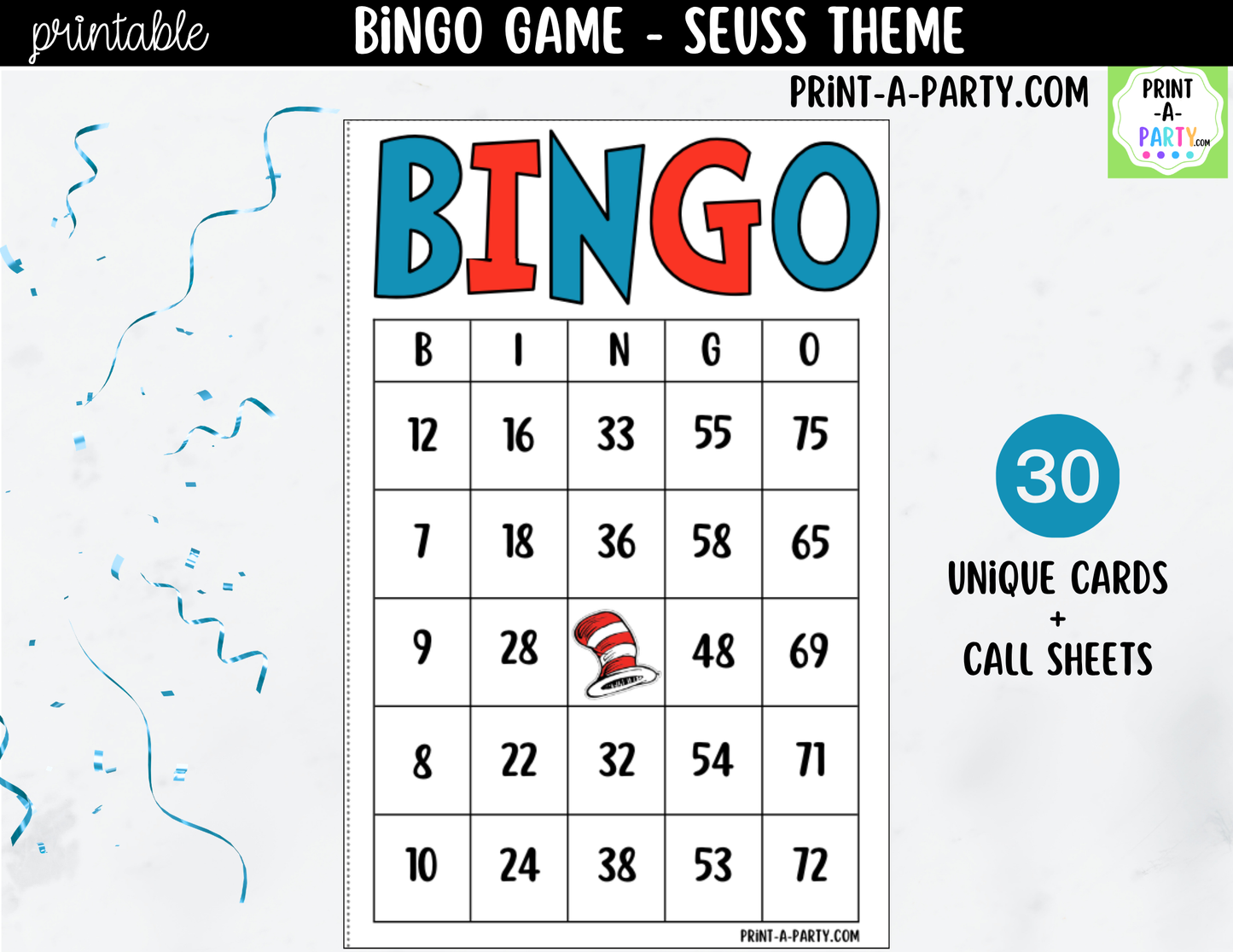 Dr. Seuss Bingo Printable Game - for Classroom, Birthday, or Family Activity