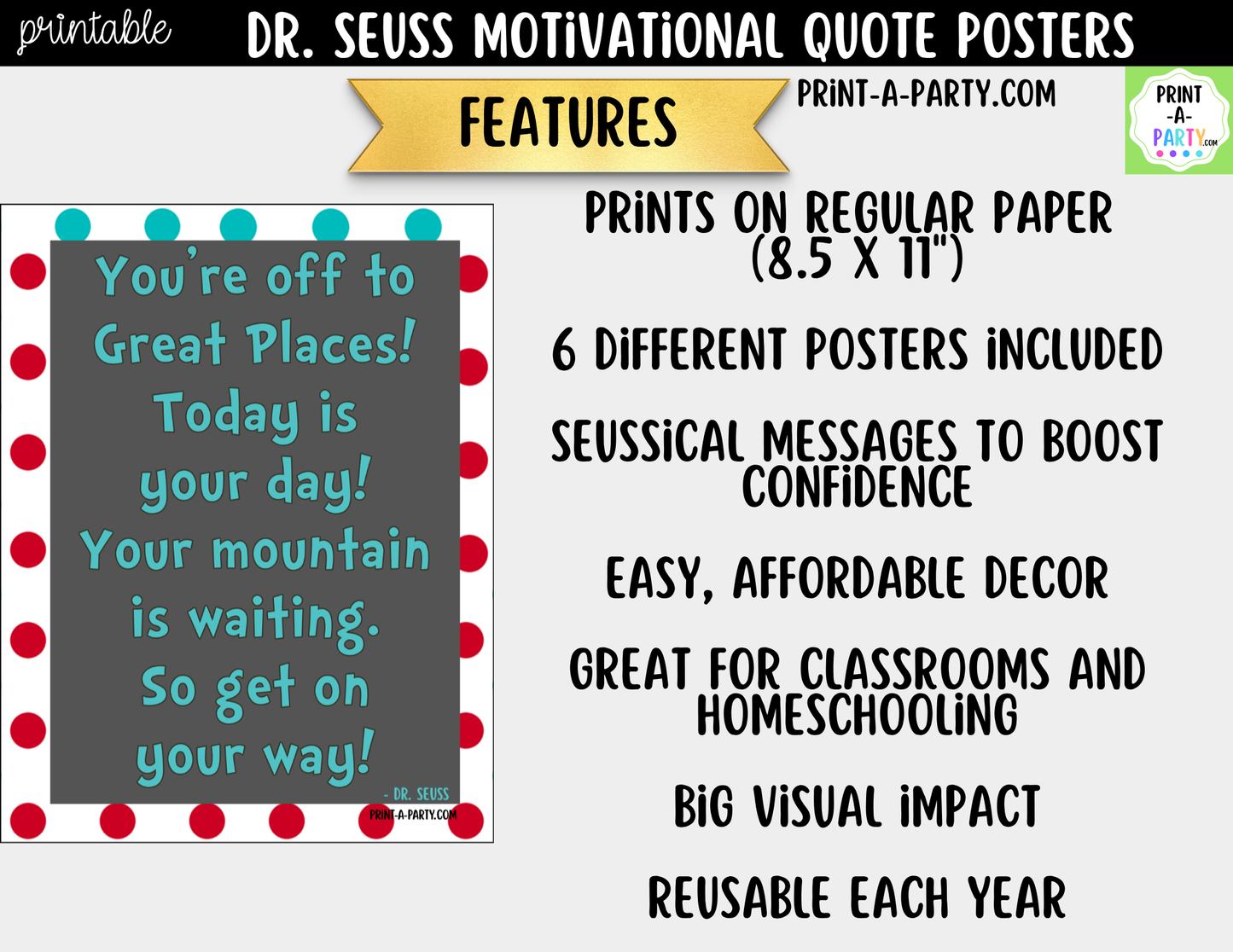 Dr. Seuss Quotes Encouraging Posters - Printable Classroom Decor, Imagination and Confidence Building