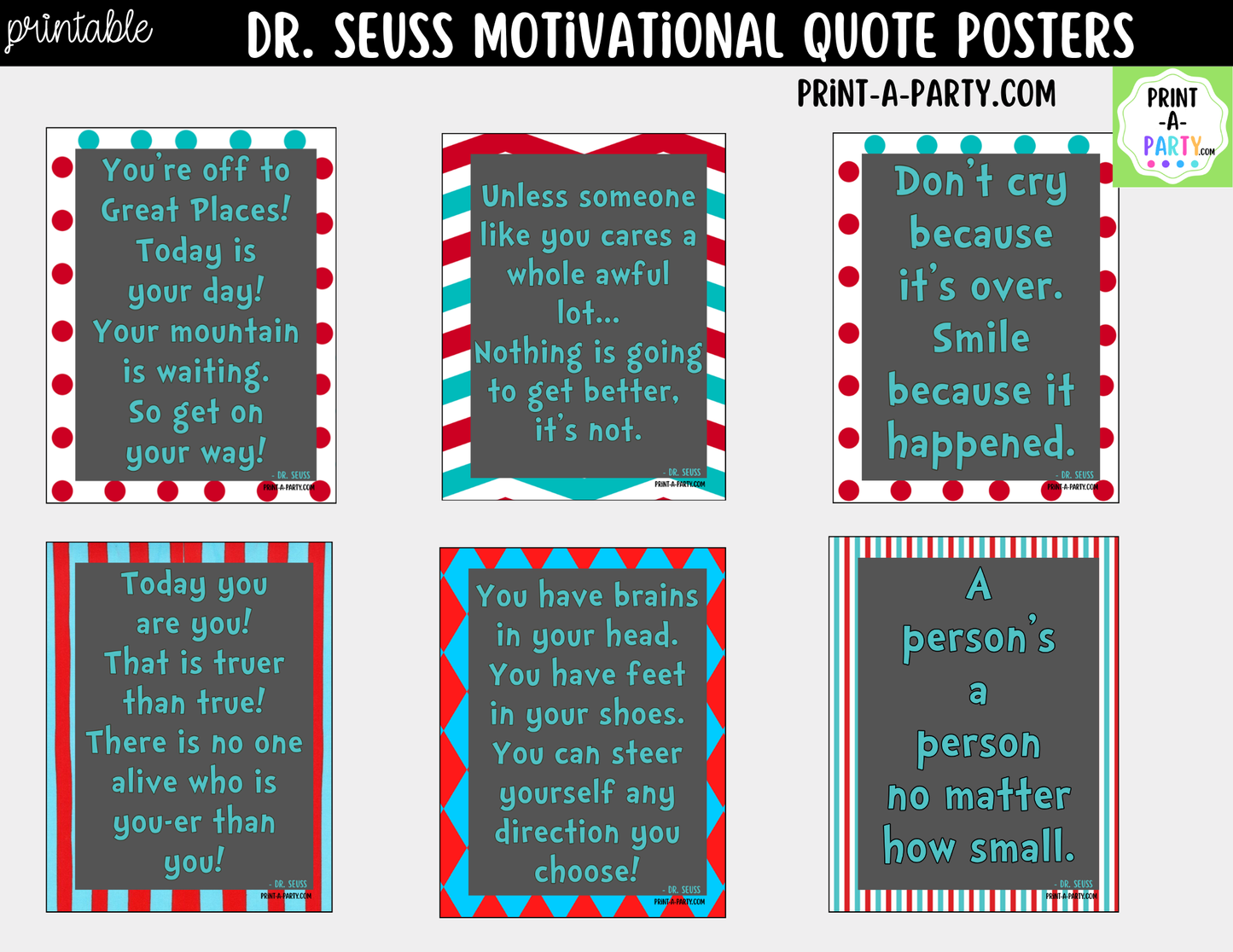 Dr. Seuss Quotes Encouraging Posters - Printable Classroom Decor, Imagination and Confidence Building