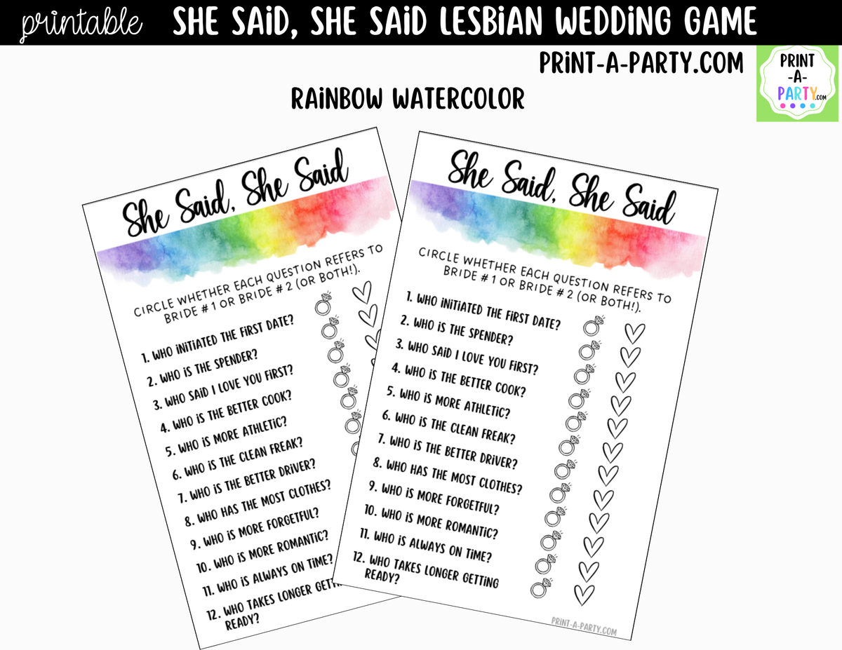 She Said, She Said Lesbian Bridal Shower Game Printable