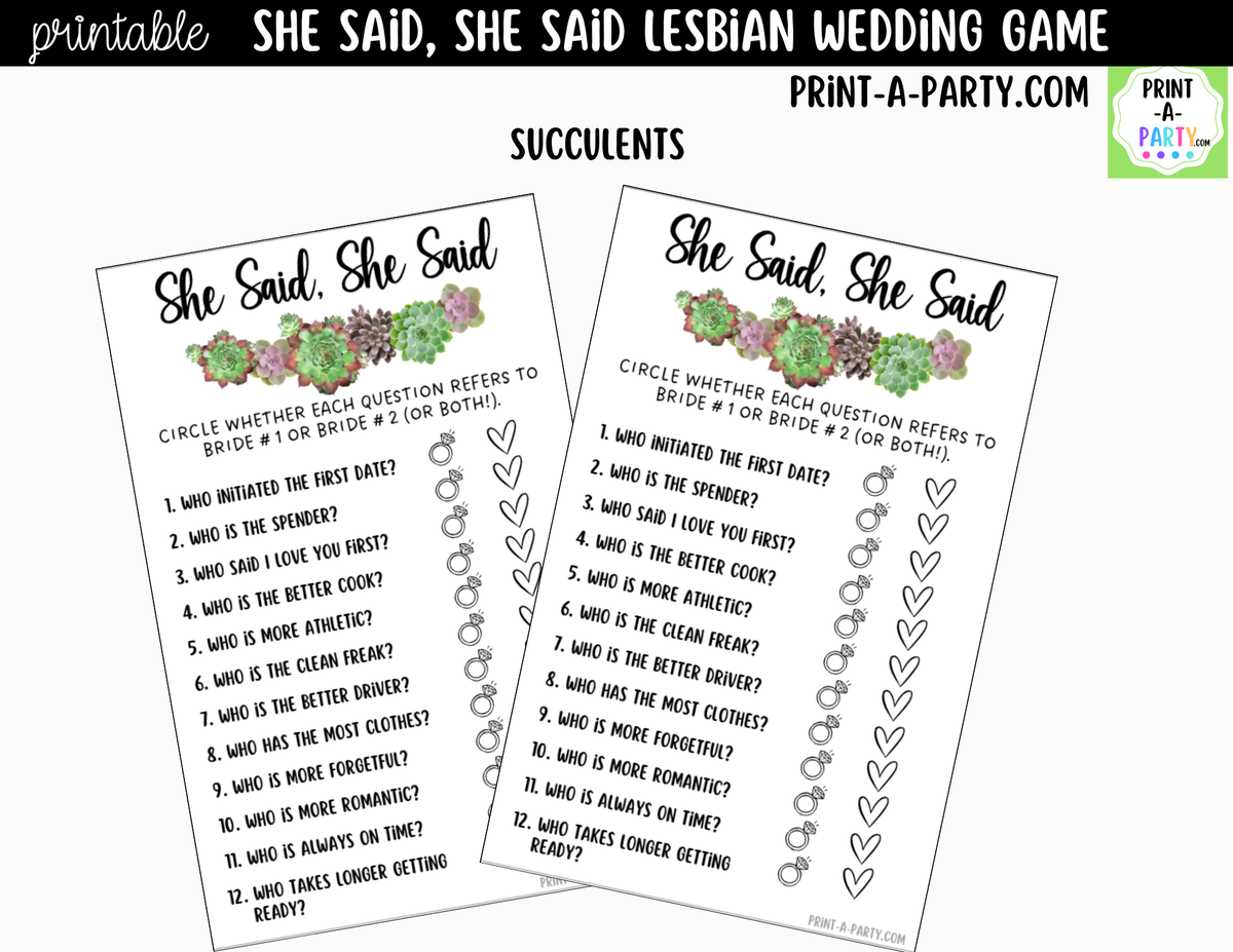 She Said, She Said Lesbian Bridal Shower Game Printable
