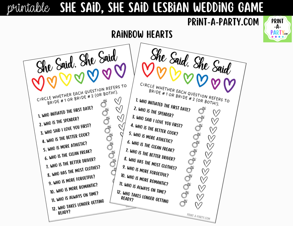 She Said, She Said Lesbian Bridal Shower Game Printable