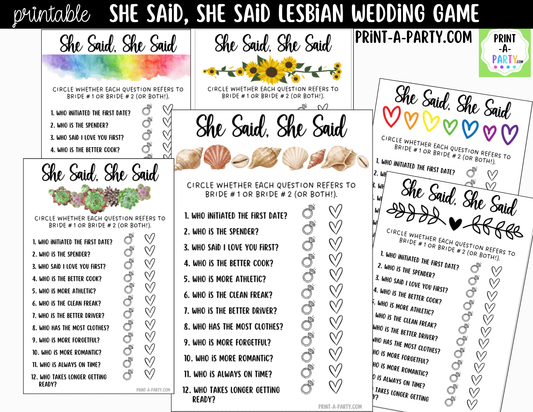 She Said, She Said Lesbian Bridal Shower Game Printable