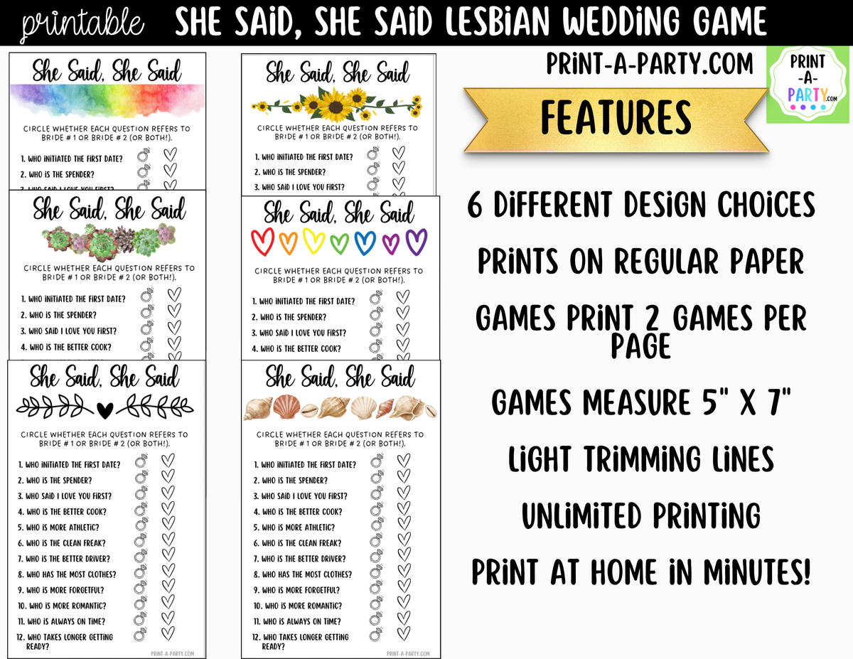She Said, She Said Lesbian Bridal Shower Game Printable