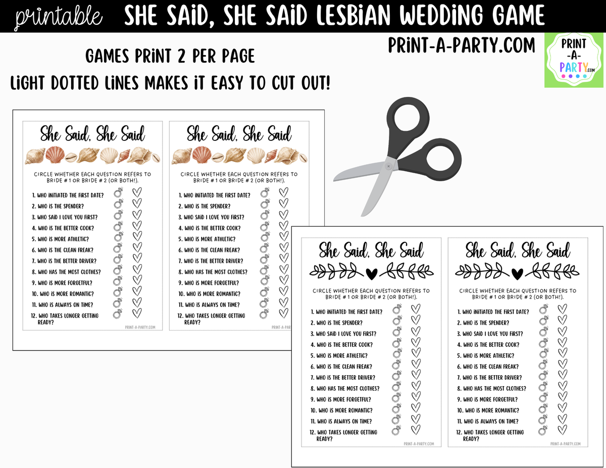 She Said, She Said Lesbian Bridal Shower Game Printable