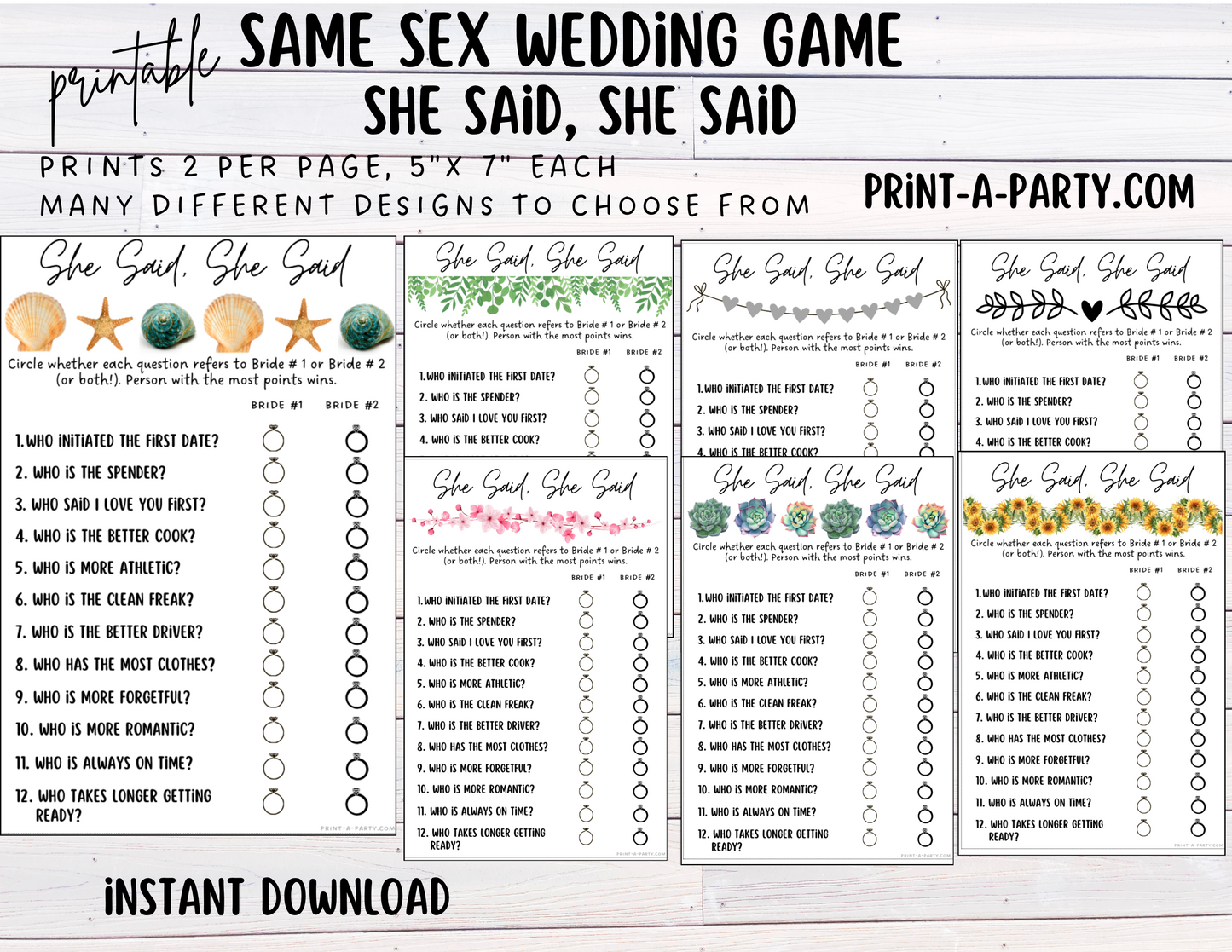 SHE SAID, SHE SAID: Same Sex Wedding Shower Game LGBTQ+ | Lesbian Wedding | Same Sex Wedding Games | Instant Download Printable