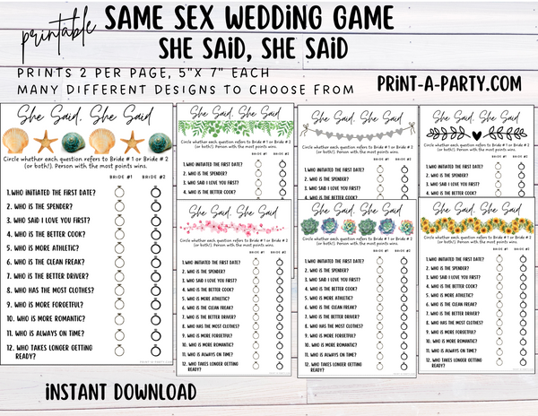 SHE SAID, SHE SAID WEDDING GAME: Same Sex Lesbian Wedding Shower Game ... SHE SAID, SHE SAID WEDDING GAME: Same Sex Lesbian Wedding Shower Game ...