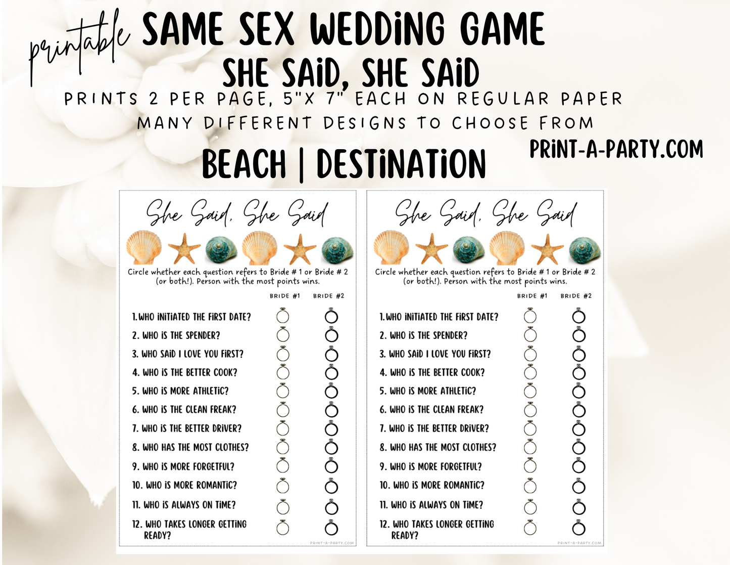 SHE SAID, SHE SAID: Same Sex Wedding Shower Game LGBTQ+ | Lesbian Wedding | Same Sex Wedding Games | Instant Download Printable