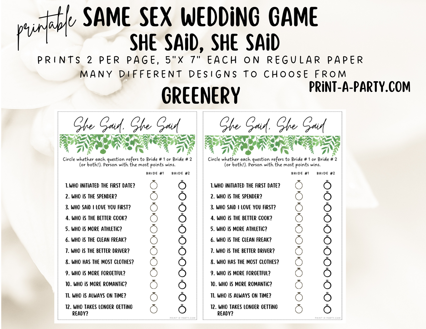 SHE SAID, SHE SAID: Same Sex Wedding Shower Game LGBTQ+ | Lesbian Wedding | Same Sex Wedding Games | Instant Download Printable