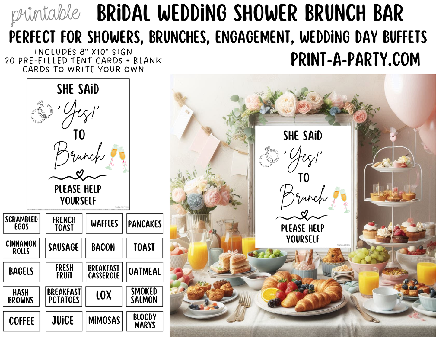Wedding Event Bridal Brunch Bar Printable Sign & Tent Cards | Wedding Shower Breakfast Bar Decorations - She Said Yes to Brunch