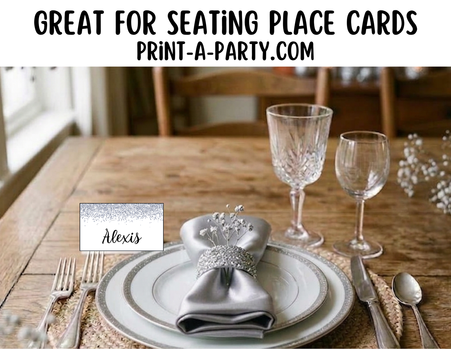 Editable Silver Glitter Buffet Labels and Place Cards for Parties, Showers and Events