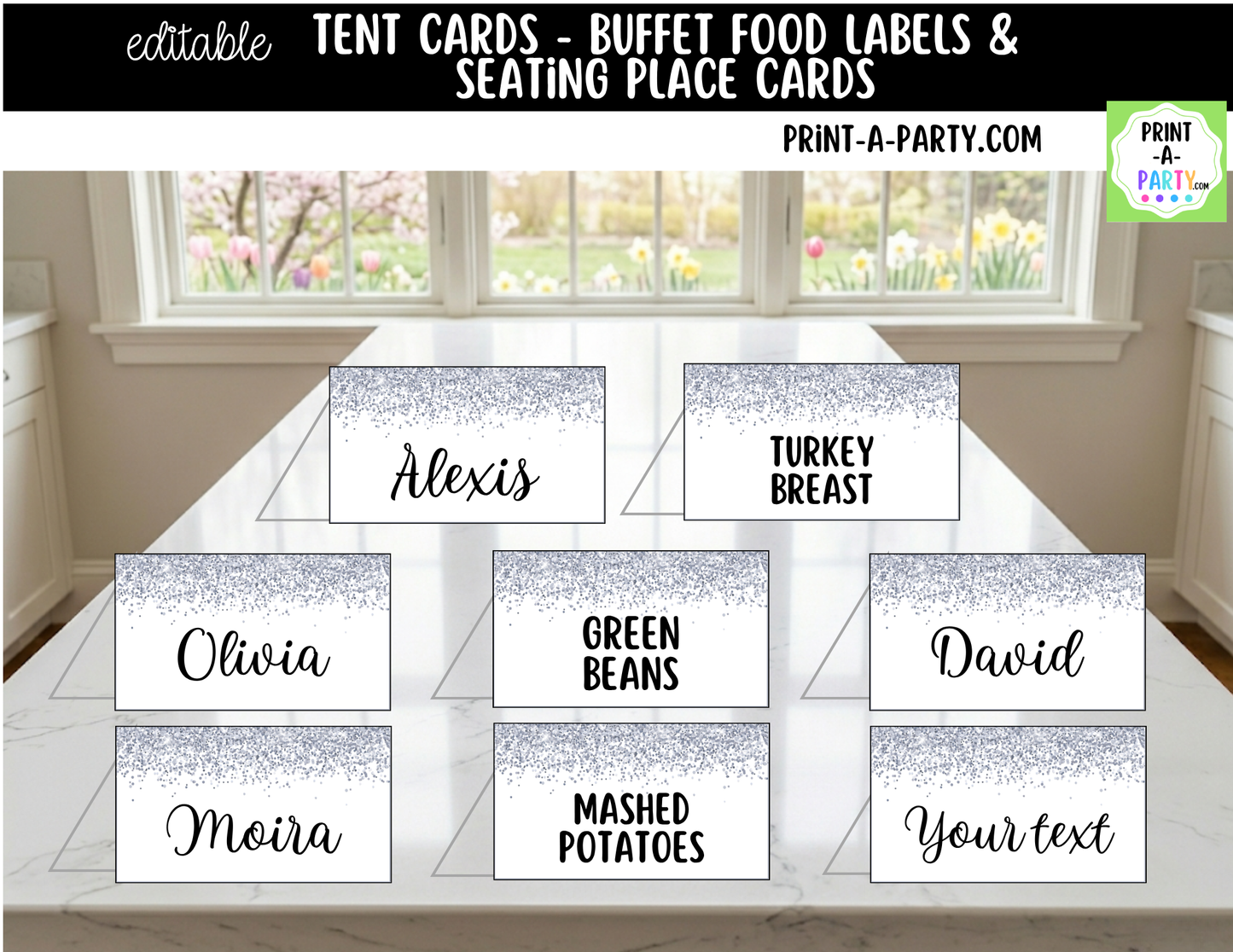 Editable Silver Glitter Buffet Labels and Place Cards for Parties, Showers and Events