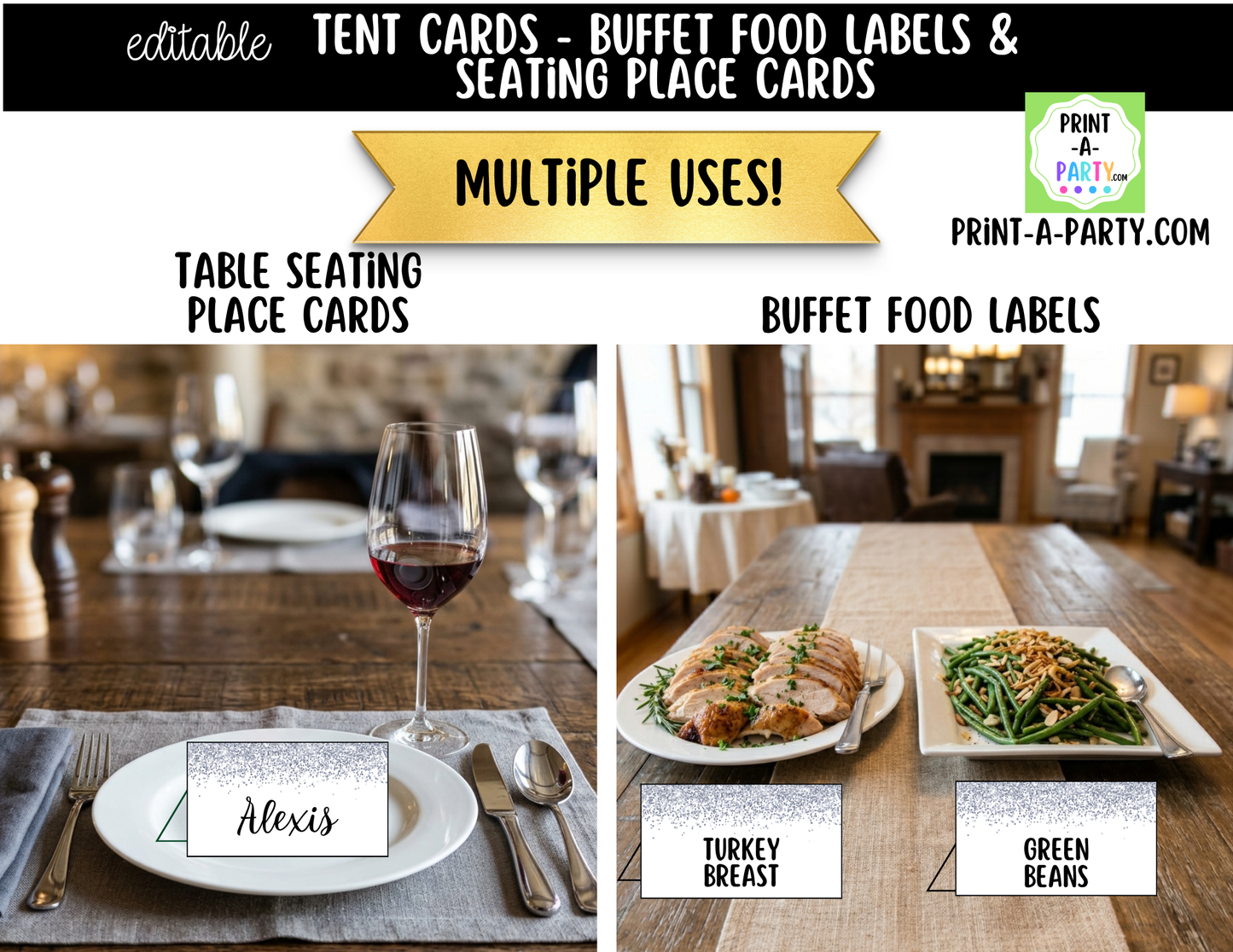 Editable Silver Glitter Buffet Labels and Place Cards for Parties, Showers and Events