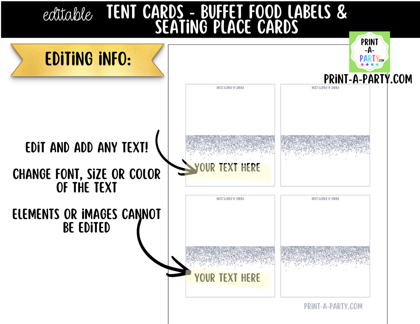 Editable Silver Glitter Buffet Labels and Place Cards for Parties, Showers and Events