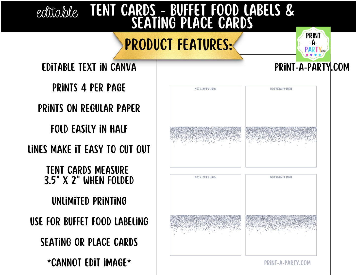 Editable Silver Glitter Buffet Labels and Place Cards for Parties, Showers and Events