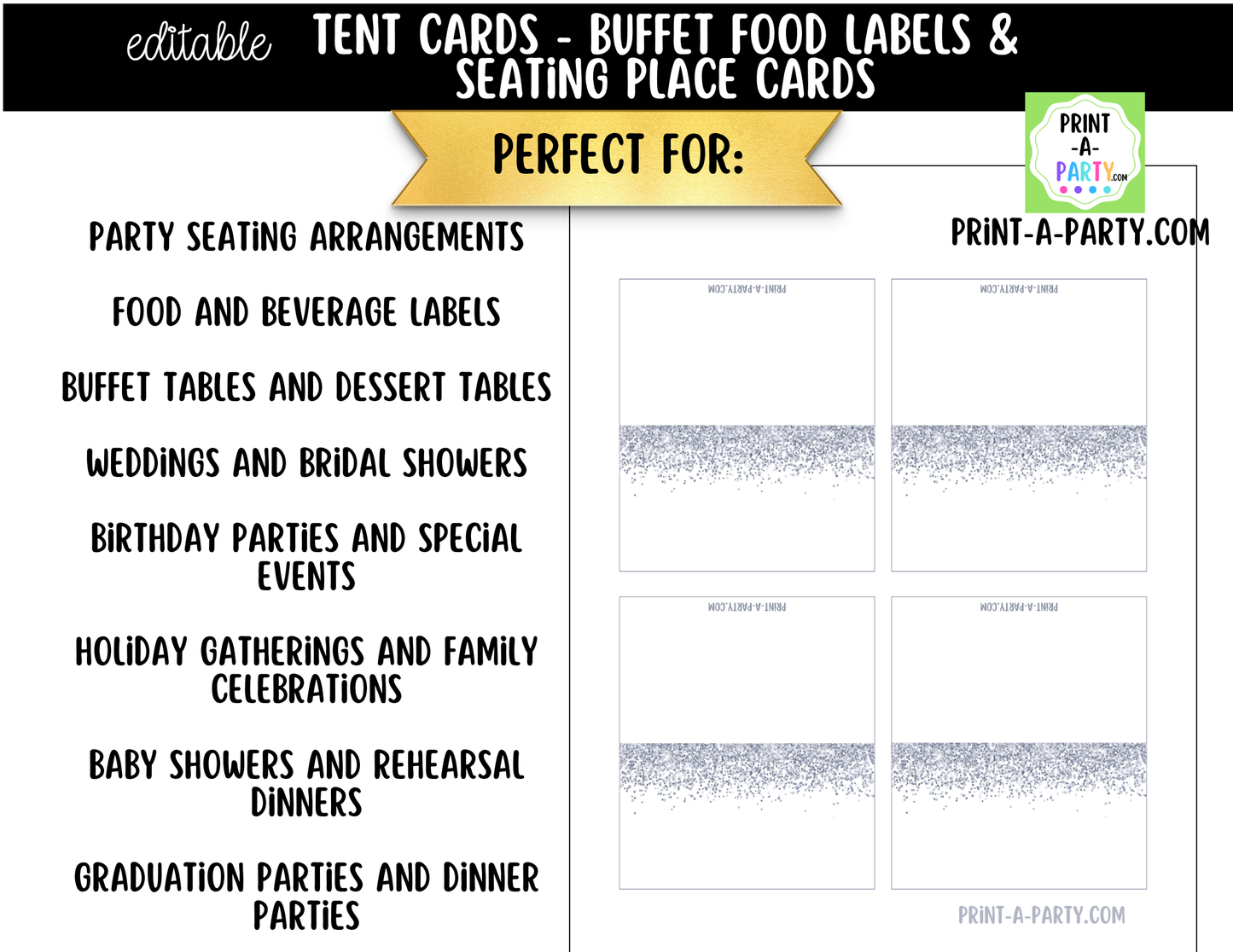 Editable Silver Glitter Buffet Labels and Place Cards for Parties, Showers and Events