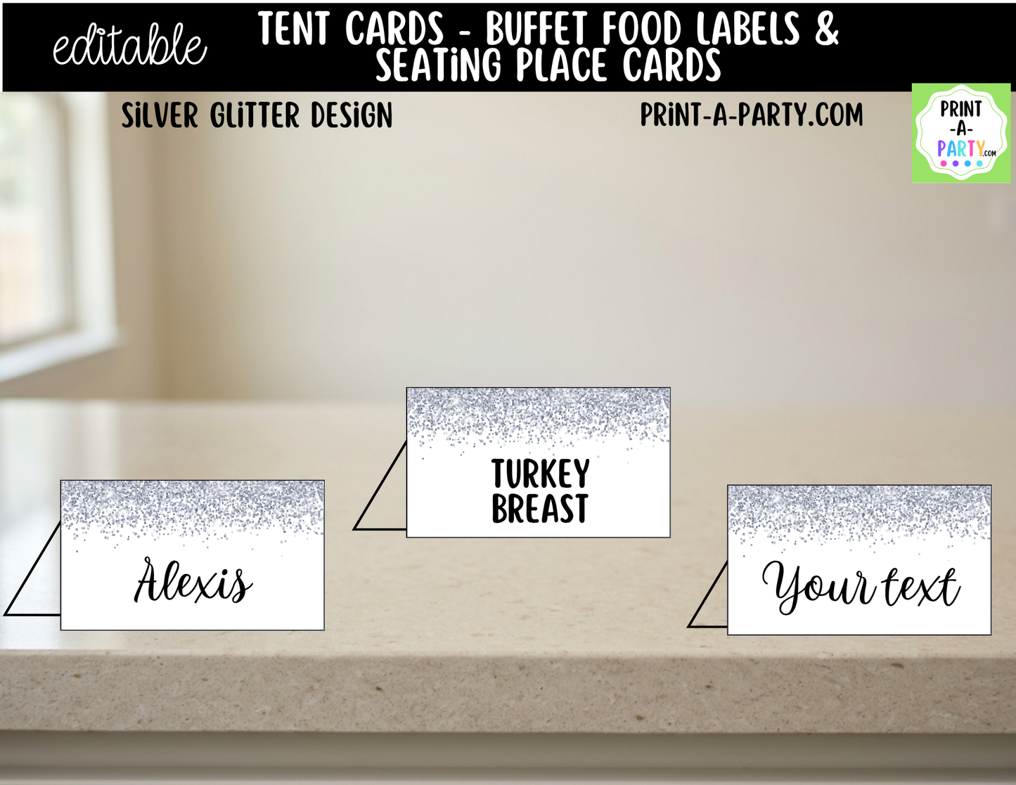 Editable Silver Glitter Buffet Labels and Place Cards for Parties, Showers and Events