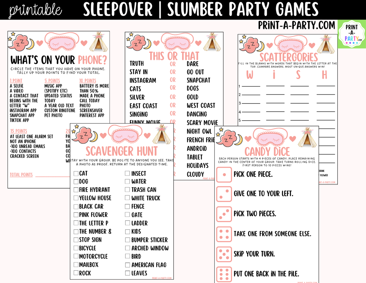Sleepover Party Games Printable | Slumber Party Activities
