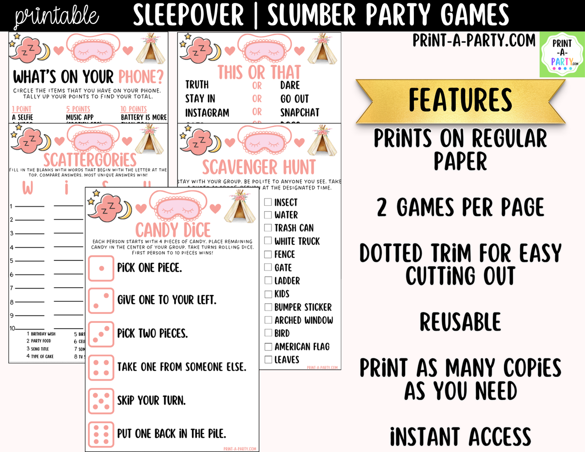 Sleepover Party Games Printable | Slumber Party Activities