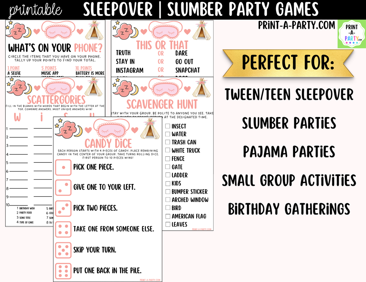 Sleepover Party Games Printable | Slumber Party Activities