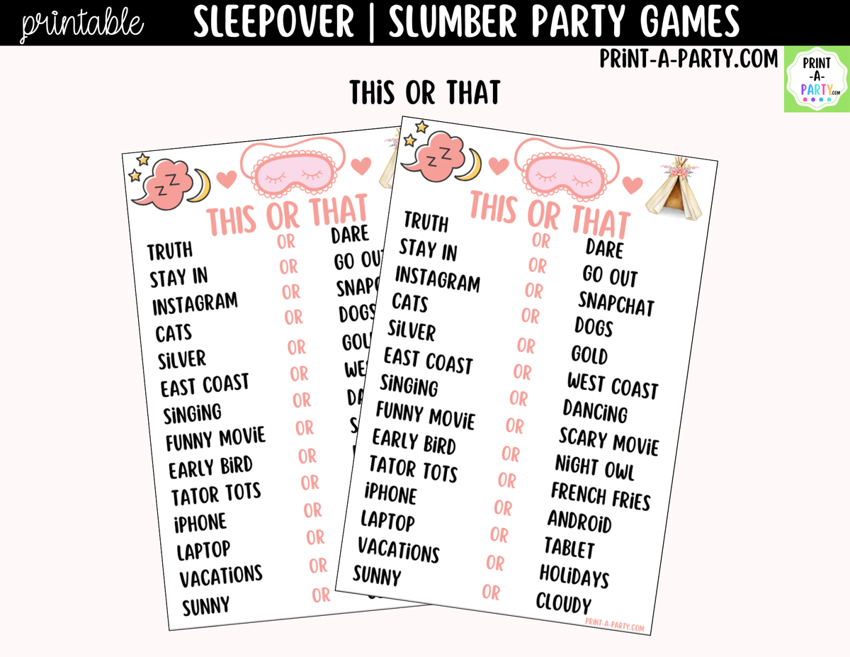 Sleepover Party Games Printable | Slumber Party Activities