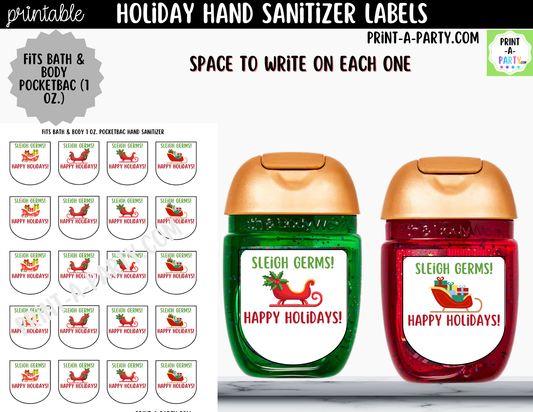 Christmas Hand Sanitizer Labels Printable - Sleigh Theme for 1 oz PocketBac Bottles