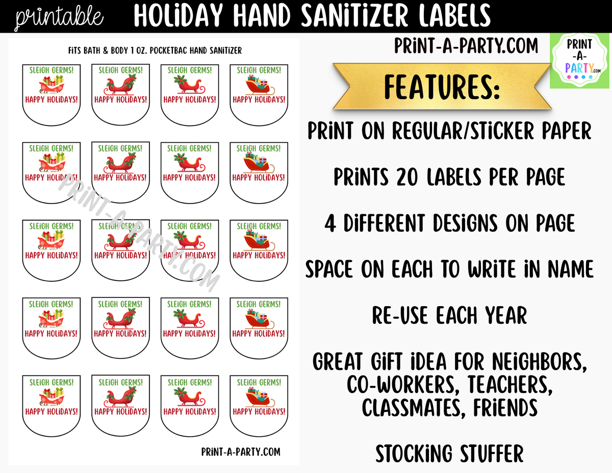 Christmas Hand Sanitizer Labels Printable - Sleigh Theme for 1 oz PocketBac Bottles