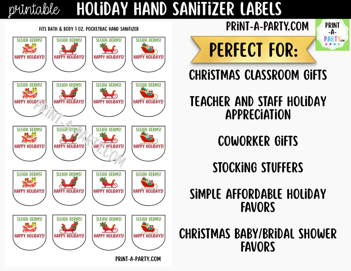 Christmas Hand Sanitizer Labels Printable - Sleigh Theme for 1 oz PocketBac Bottles