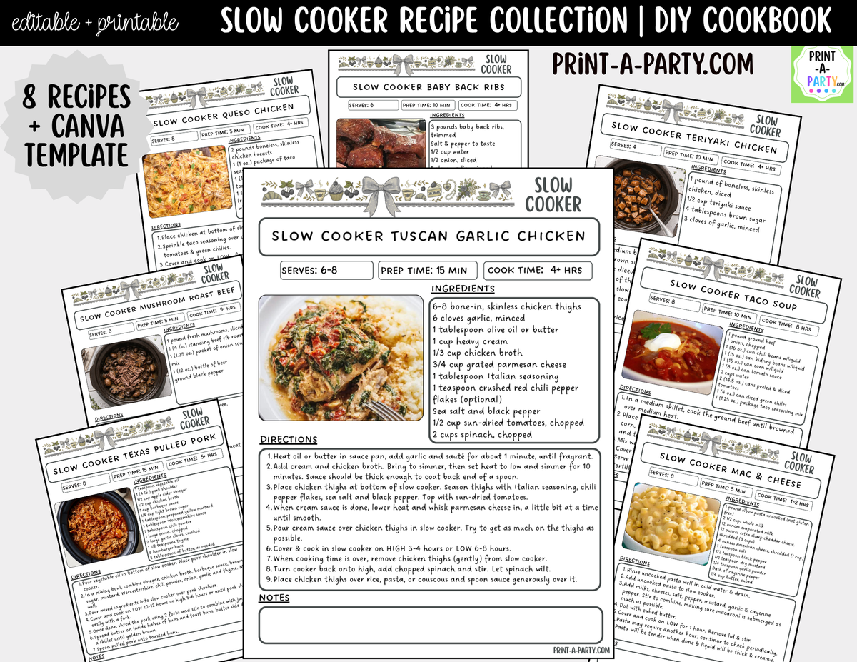 Slow Cooker Recipe Pages Printable & Editable Cookbook Set
