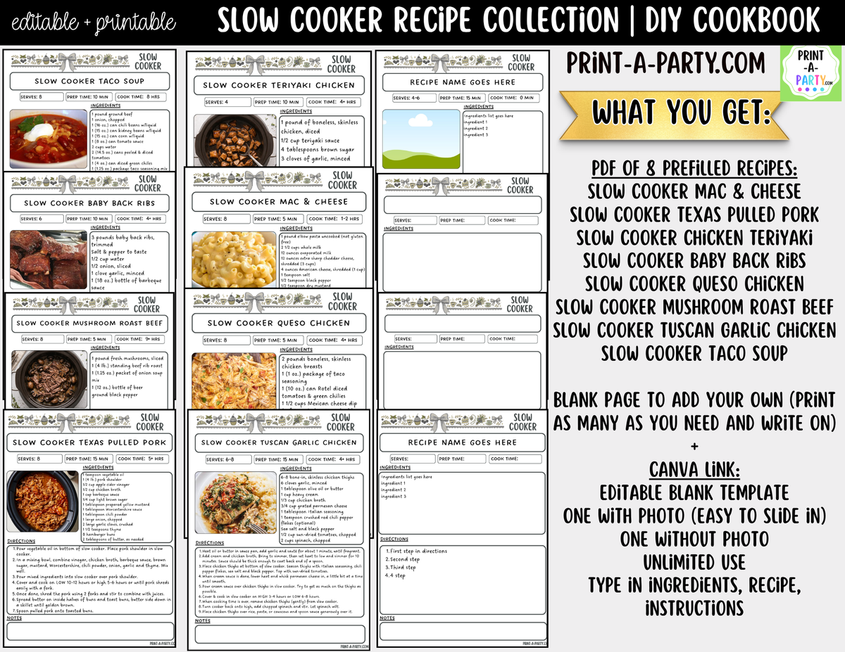 Slow Cooker Recipe Pages Printable & Editable Cookbook Set