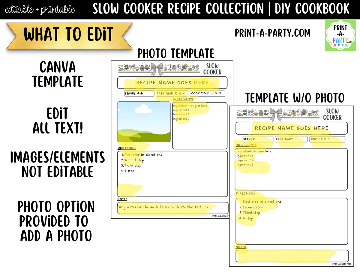 Slow Cooker Recipe Pages Printable & Editable Cookbook Set