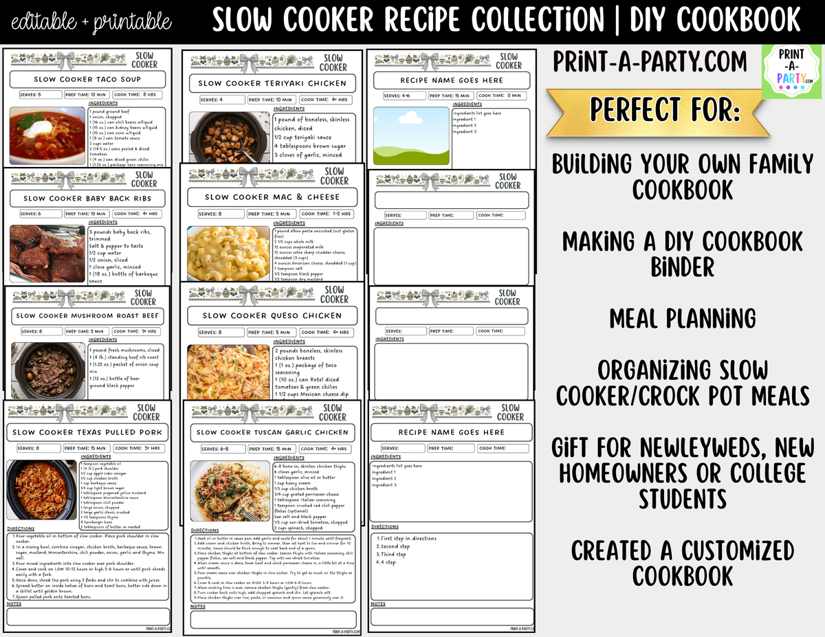 Slow Cooker Recipe Pages Printable & Editable Cookbook Set