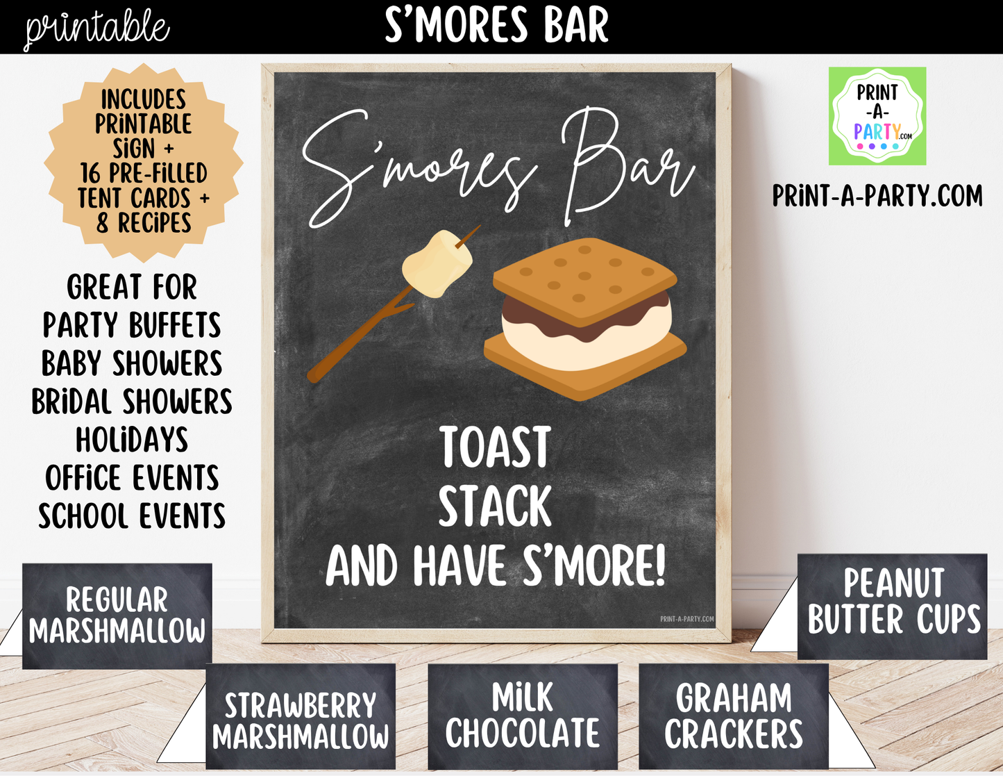 S'mores Bar Sign (8x10) & Topping Tent Cards - Printable Food Station Decor for Parties, Showers, Events