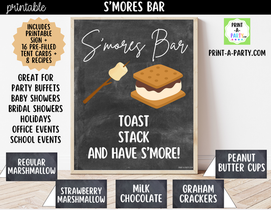 S'mores Bar Sign (8x10) & Topping Tent Cards - Printable Food Station Decor for Parties, Showers, Events