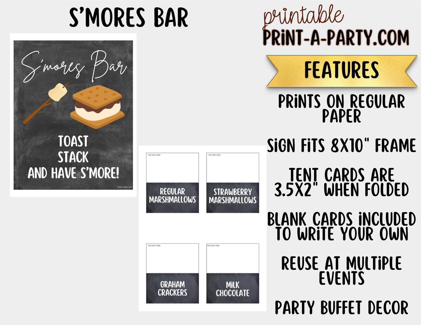 S'mores Bar Sign (8x10) & Topping Tent Cards - Printable Food Station Decor for Parties, Showers, Events