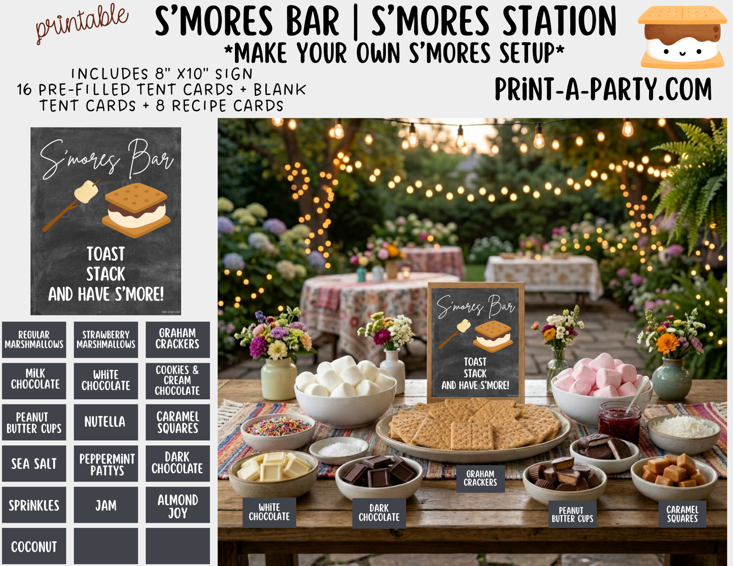S'mores Bar Sign (8x10) & Topping Tent Cards - Printable Food Station Decor for Parties, Showers, Events