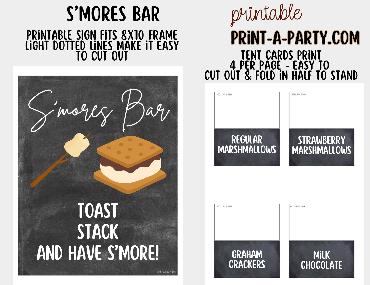 S'mores Bar Sign (8x10) & Topping Tent Cards - Printable Food Station Decor for Parties, Showers, Events