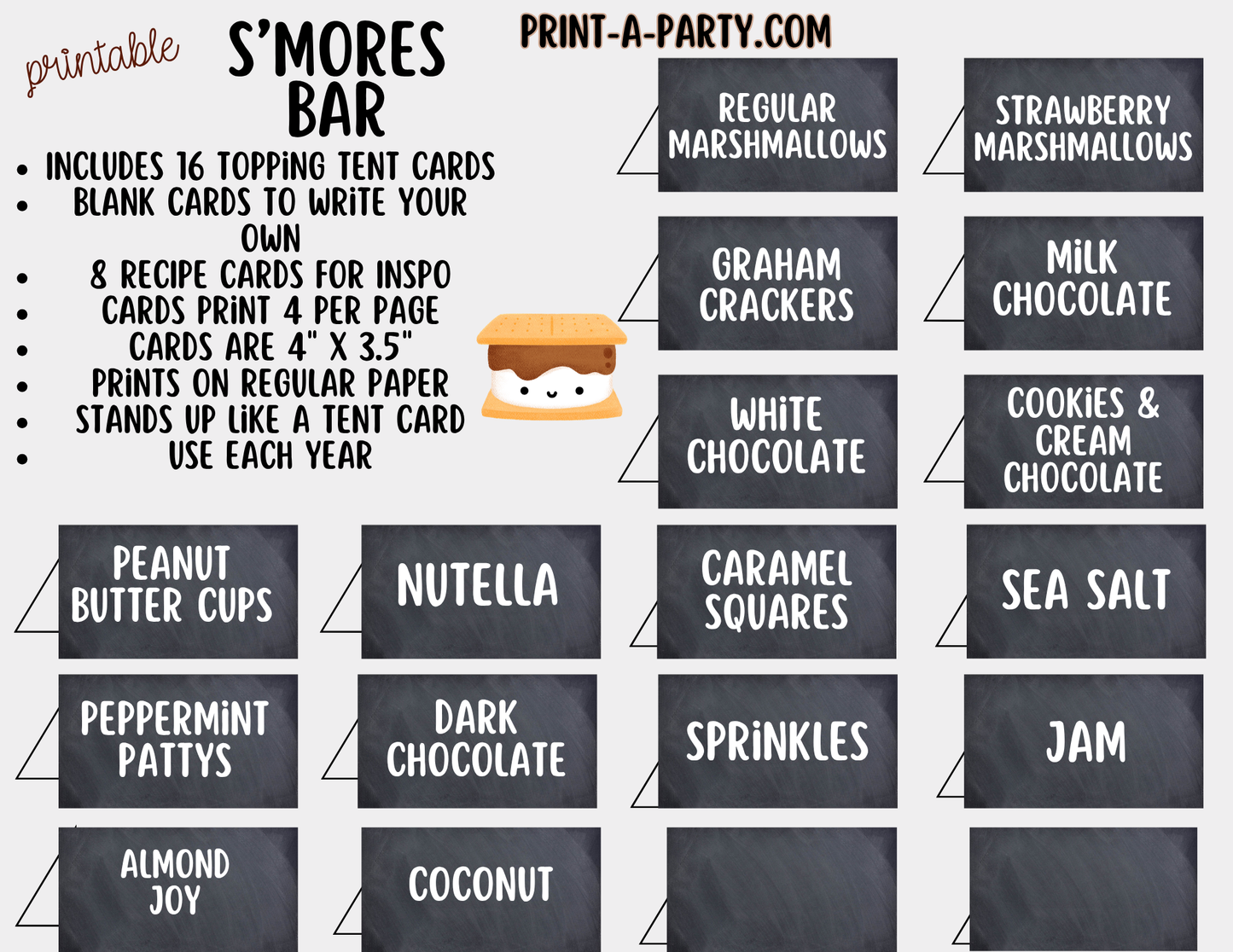 S'mores Bar Sign (8x10) & Topping Tent Cards - Printable Food Station Decor for Parties, Showers, Events
